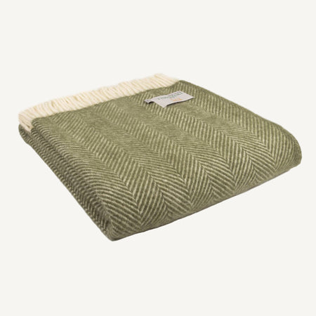 Green pure new wool fishbone patterned throw with cream trim on a white background