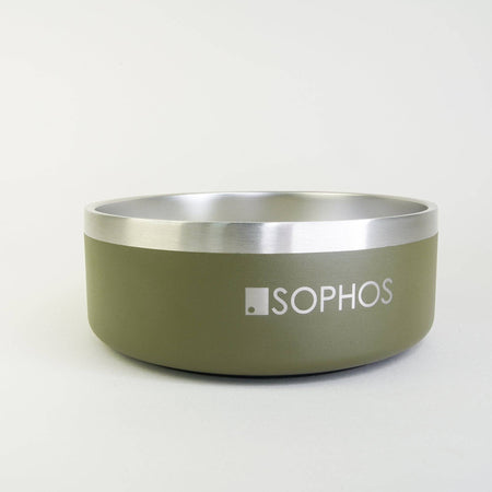 Stainless steel green bowl with silver rim featuring the Sophos logo on a white background