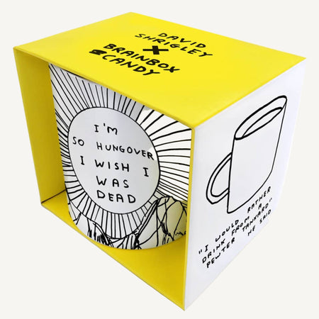 Yellow box with black and white design and text, featuring the name 'David Shrigley'.