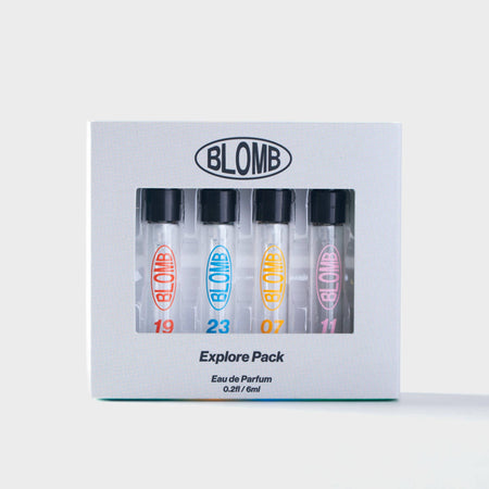 Blomb perfume four sample set in a display box on a white background