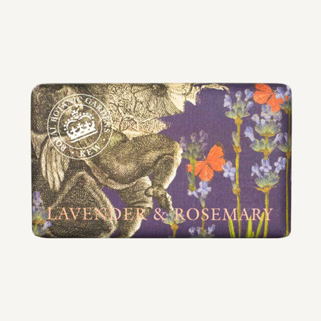 Soap bar with lavender and rosemary illustrations from the Kew archives on a white background
