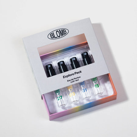 Blomp perfume explore pack with four small bottles in a box on a white background