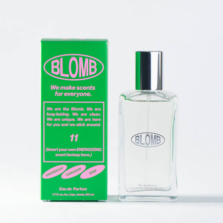 Blomb Eau de Parfum number 11 branded bottle and green and pink packaging on a white background