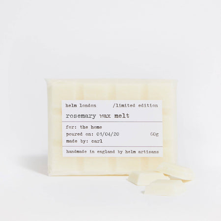 Rosemary wax melt with label on a white background