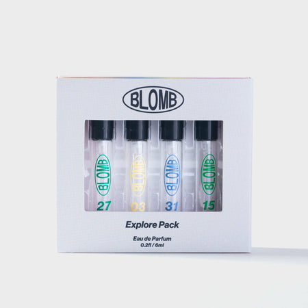 Blomb Explore Pack with four small perfume bottles in a box on a white background