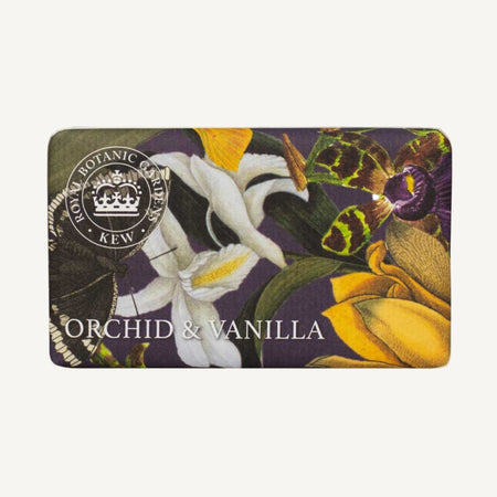 Soap bar with archive orchid and vanilla design and Royal Botanic Gardens Kew logo on a white background