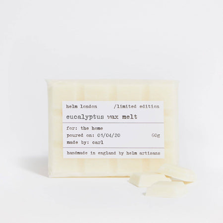 Eucalyptus wax melt with a label on a white background