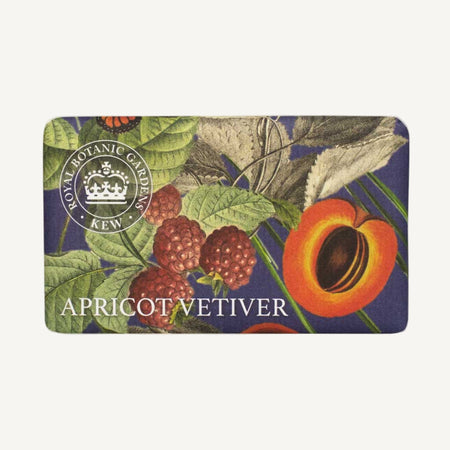 Soap bar with apricot vetiver scent, Royal Botanic Gardens Kew logo  and archive botanical design on a white background