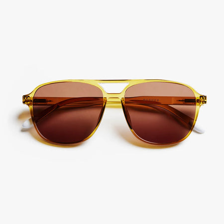 Olive-framed sunglasses with brown lenses on a white background