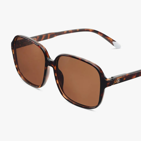 Sunglasses with tortoiseshell frame and brown lenses on a white background