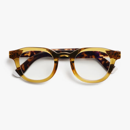 Tortoiseshell eyeglasses on a white background