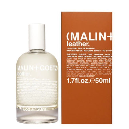 Malin+Goetz leather perfume bottle and packaging on a white background