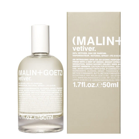Malin + Goetz Vetiver perfume bottle and packaging on a white background