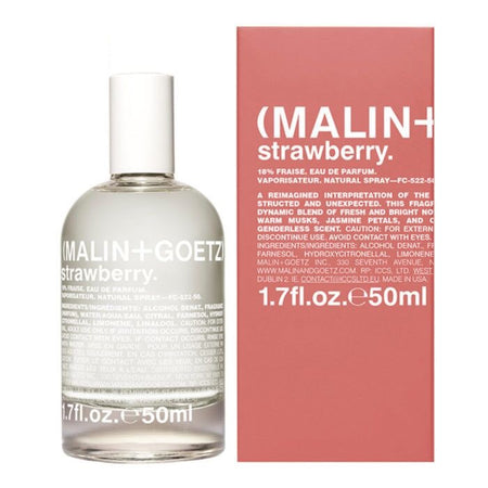 Malin+Goetz Strawberry perfume bottle and packaging on a white background
