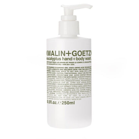 Malin+Goetz eucalyptus hand and body wash bottle with pump on a white background