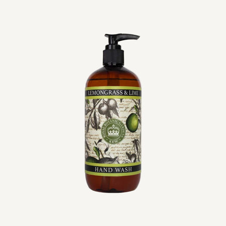 Hand wash bottle with lemongrass and lime label on a white background