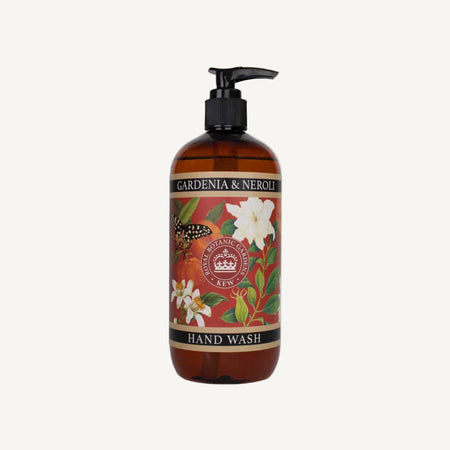 Hand wash bottle with Kew Gardens floral design and pump on a white background
