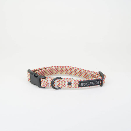 Flat rope design dog collar with a multicolour patterned design, sturdy clip closure, metal ring and fully adjustable for size on a white background