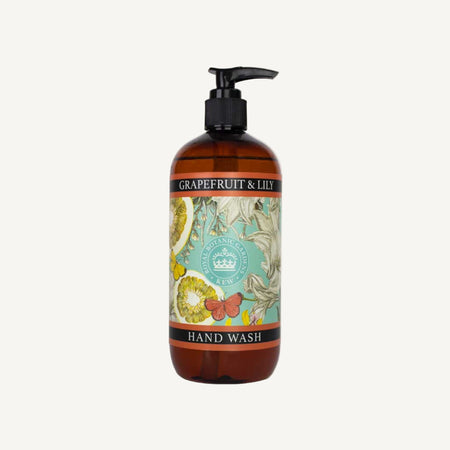 Grapefruit & Lily hand wash bottle with Kew Gardens logo and archival illustration label on a white background