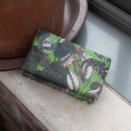 Bar of soap wrapped in Kew Gardens archive botanical design packaging on a conservatory windowsill