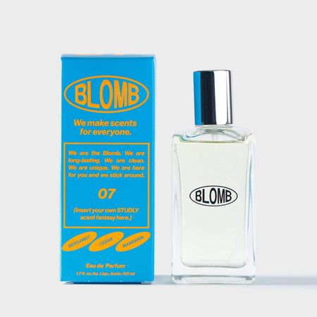 Blome number 27 branded perfume bottle and blue and orange packaging on a white background