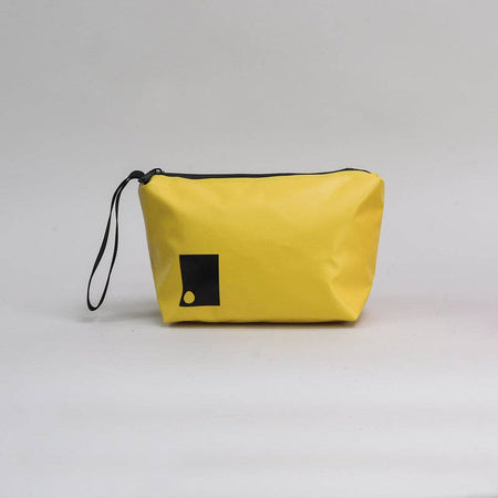 Yellow dry bag washbag with a black loop handle, black waterproof zipper and Sophos logo on a light gray background