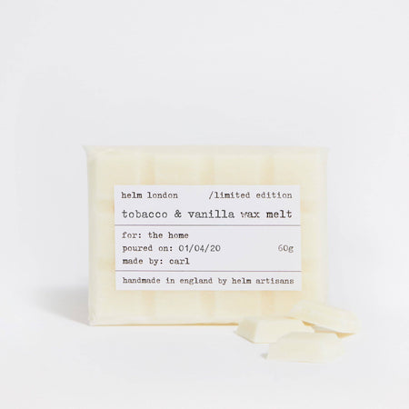 Helm London tobacco and vanilla wax melt bar with label on a white background