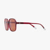 Red sunglasses with a white logo on a white background