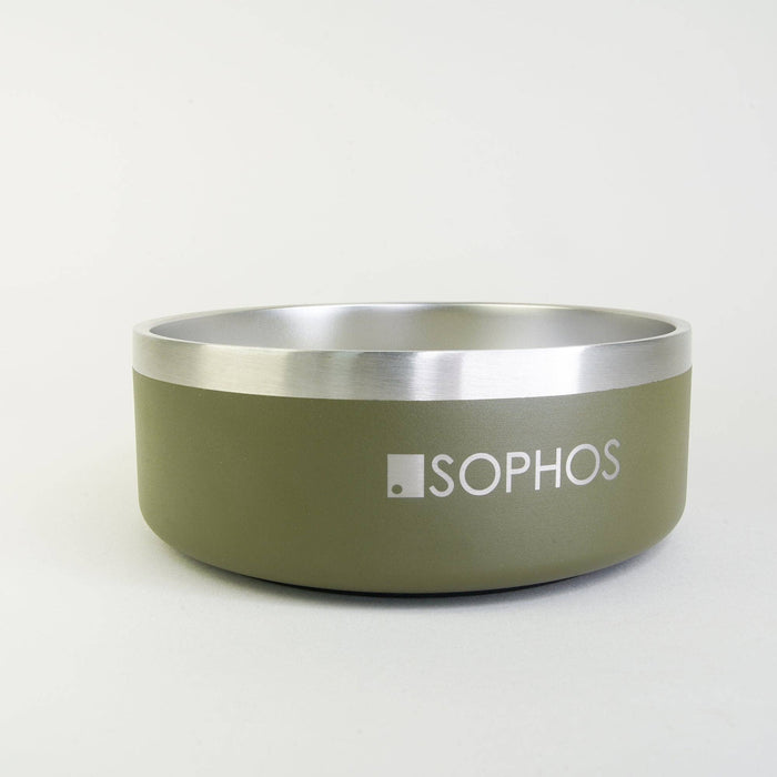 Stainless steel green bowl with silver rim featuring the Sophos logo on a white background