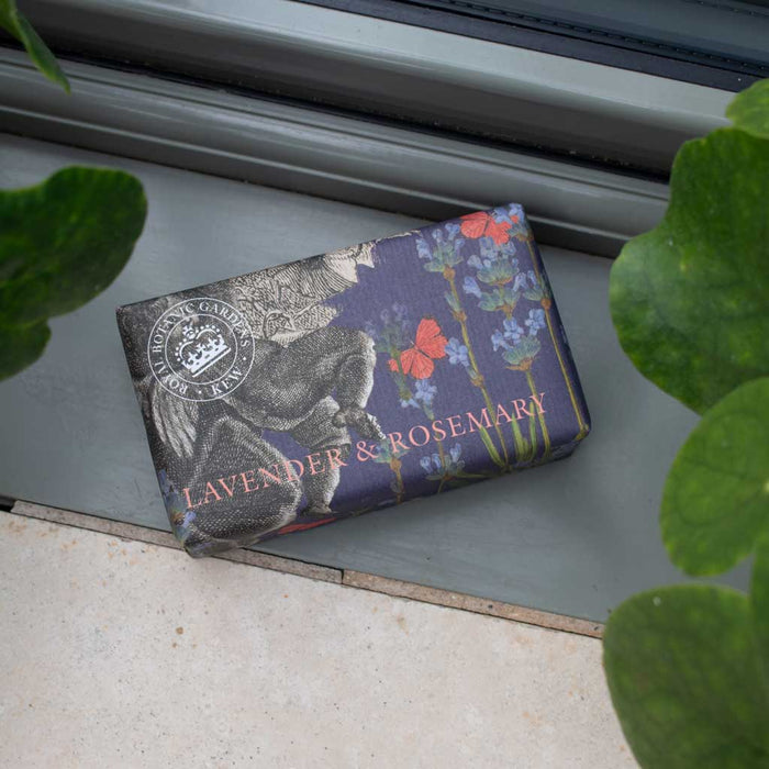 Bar of soap with archival Kew illustrations and surrounded by green leaves.