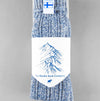 Baltic blue knitted Sisu of Finland socks with a Finnish flag brand label on a gray background. Lambswool and cotton rich to get you through the cold Arctic nights.