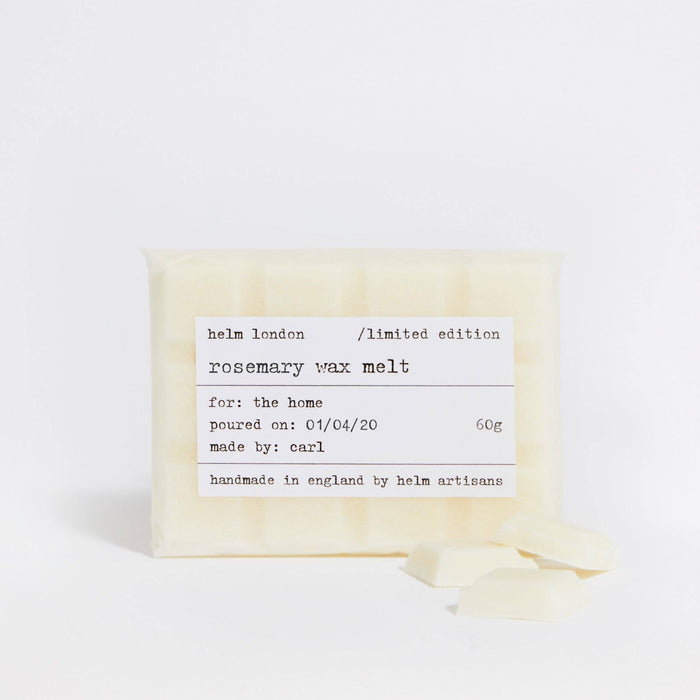 Rosemary wax melt with label on a white background