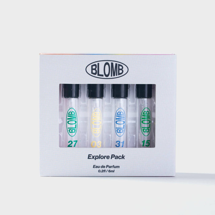Blomb Explore Pack with four small perfume bottles in a box on a white background