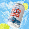 Can of 'Beer Socks' with lime slices and water splash on a blue background