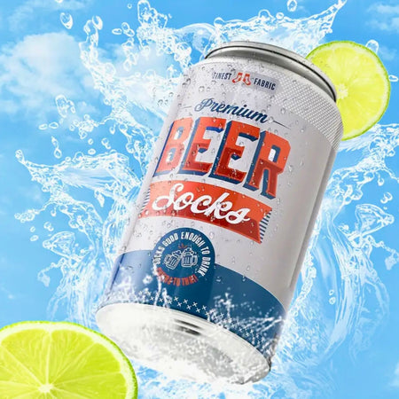 Can of 'Beer Socks' with lime slices and water splash on a blue background
