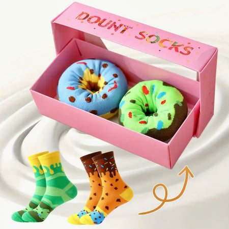 Colorful donut-themed socks in a pink box on a white background