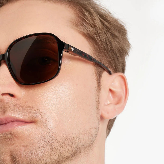 Close-up of a person wearing dark sunglasses with a neutral background