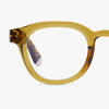 Olive and tortoiseshell eyeglasses on a white background
