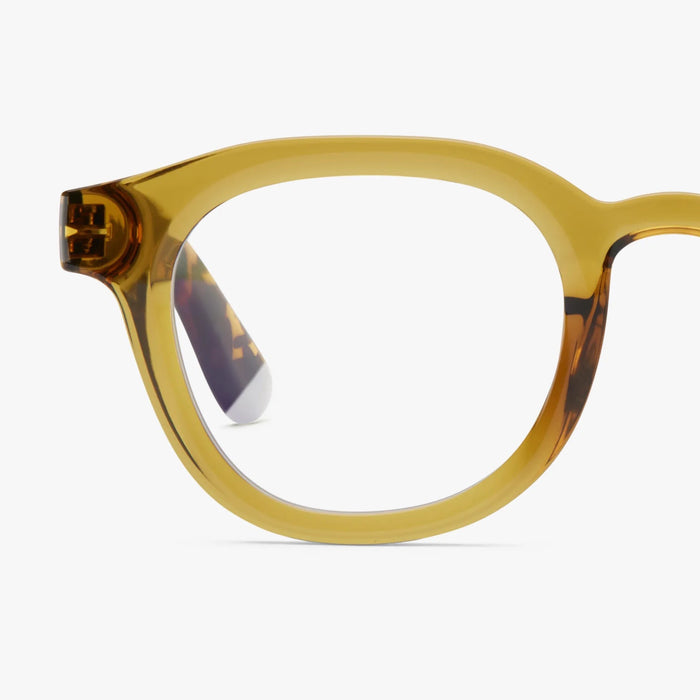 Olive and tortoiseshell eyeglasses on a white background