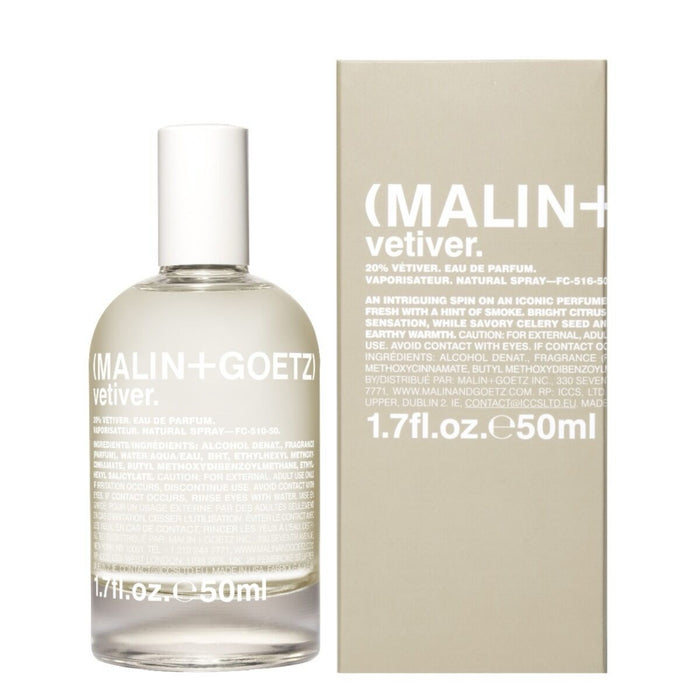 Malin + Goetz Vetiver perfume bottle and packaging on a white background