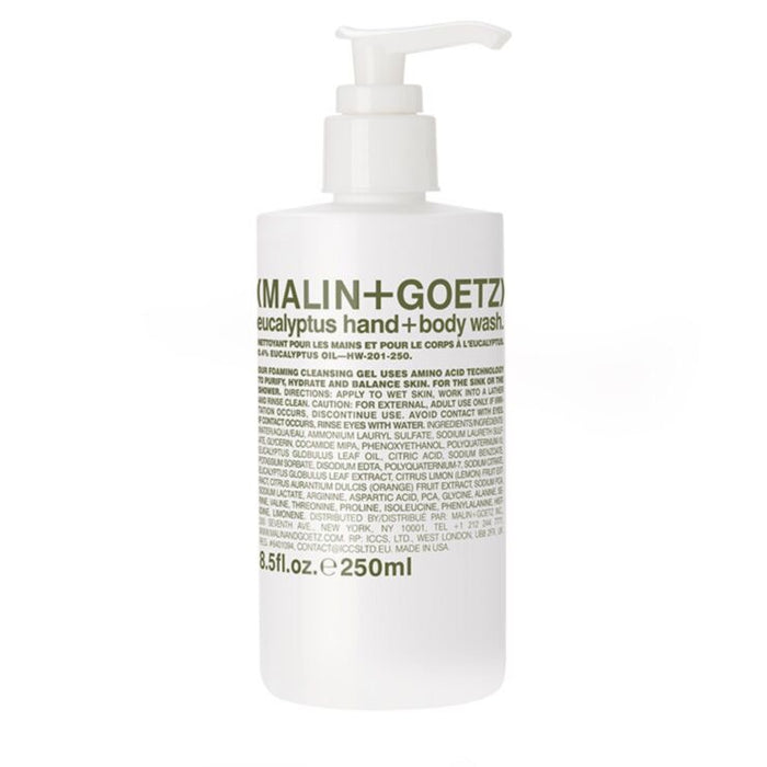 Malin+Goetz eucalyptus hand and body wash bottle with pump on a white background