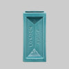 Turquoise rectangular vase with 'London Brick' text on a white background
