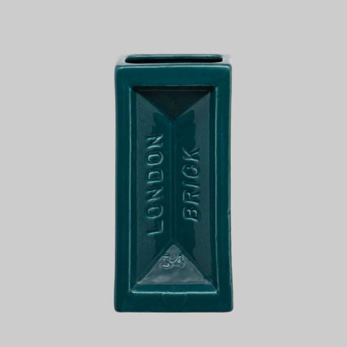 Teal rectangular vase with 'London Brick' branding on a gray background