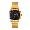 Lara Gold watch with black face, gold case and gold steel strap on a white background