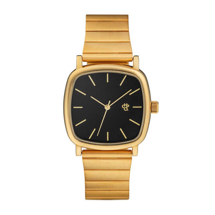 Lara Gold watch with black face, gold case and gold steel strap on a white background