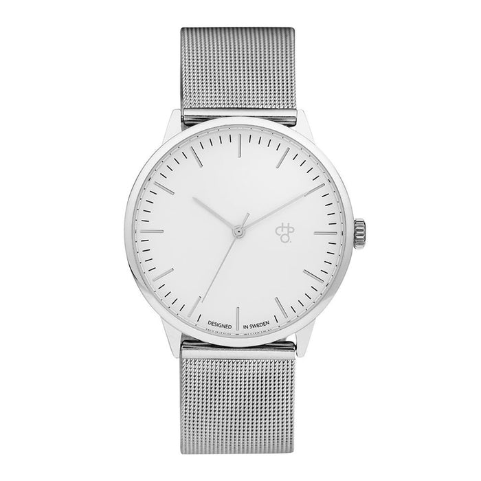 Silver watch, white face with a stainless steel mesh band on a white background