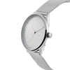 Silver watch with a mesh band on a white background