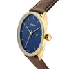Watch with blue dial, gold case, and brown leather strap on a white background