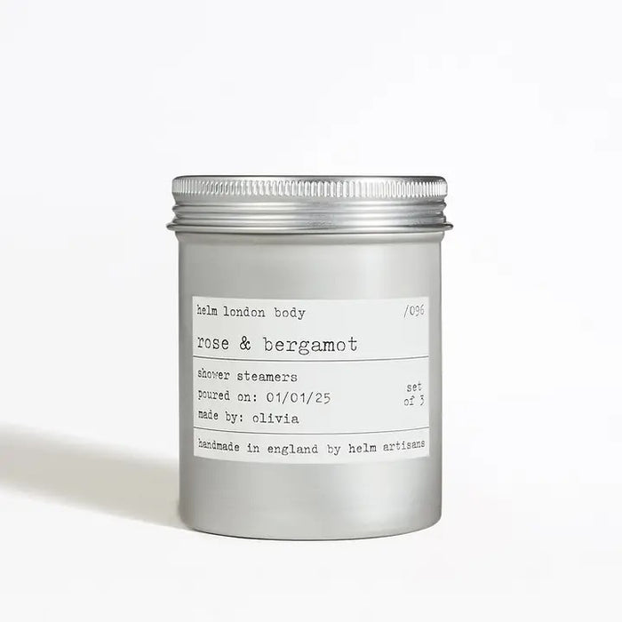 Aluminium screw top tin labeled 'Rose & Bergamot' on a white background