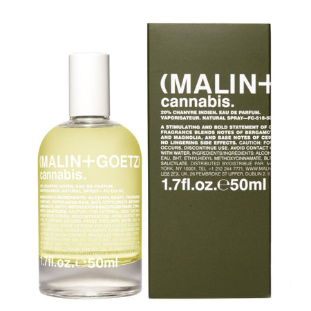Malin+Goetz cannabis perfume bottle and packaging on a white background